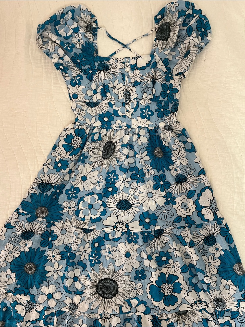 Blue & White Floral Puff Sleeve Sundress - Picture 2 of 5